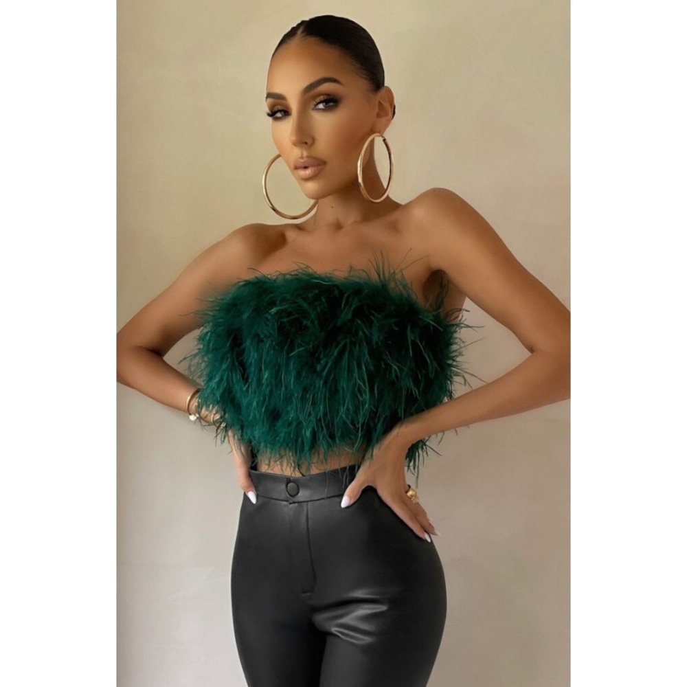 Club L London Dream Daze Green Feather Bandeau Crop Top Strapless Party Size 2